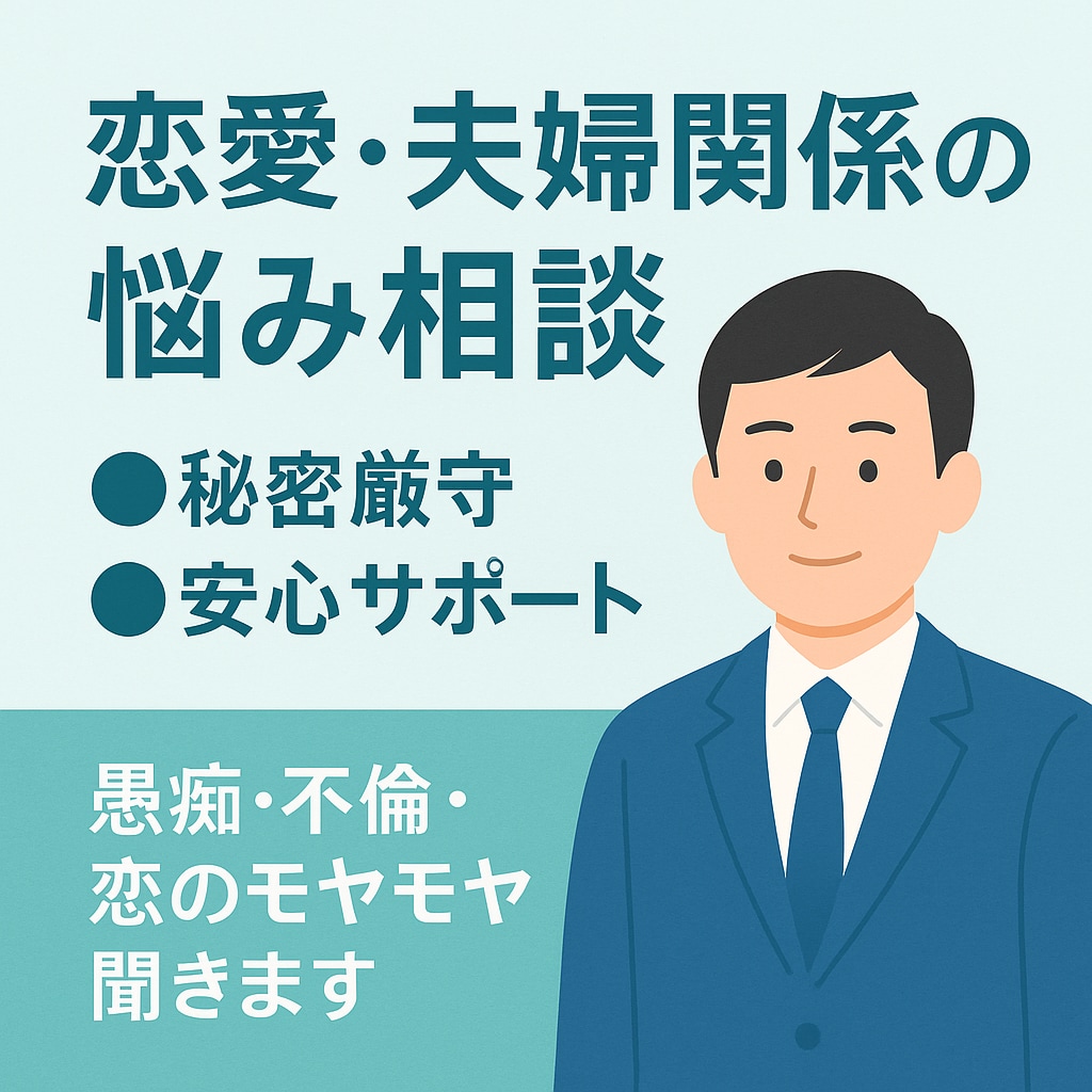 恋愛や夫婦関係、不倫の悩みを秘密厳守でお聞きします 恋のお悩みや夫婦関係の悩み、愚痴など親身にお聞きします イメージ1