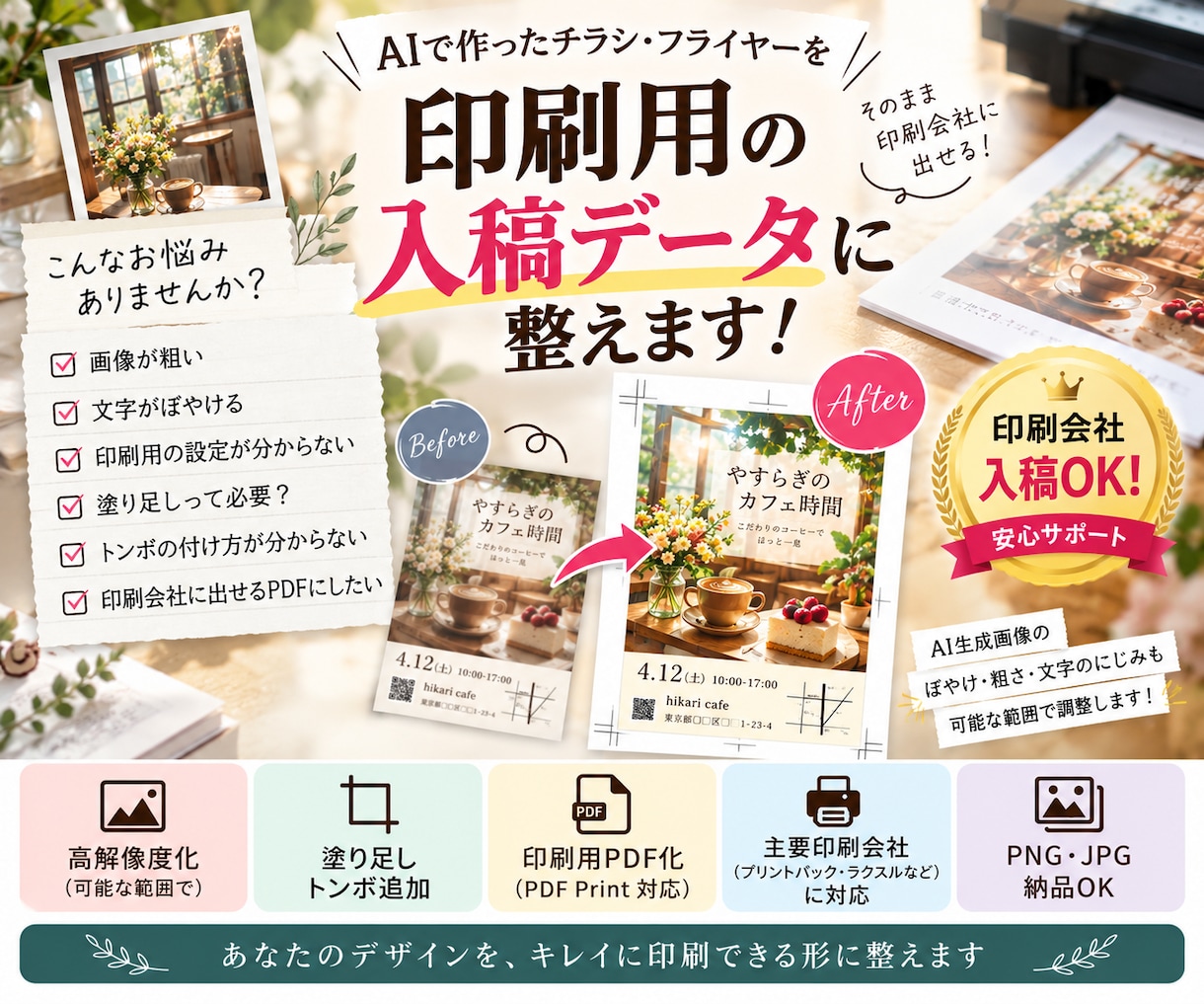AIで作ったデザインを印刷可能なデータにします 塗り足し・トンボ・PDF化まで。印刷会社へ出せる形にします! イメージ1
