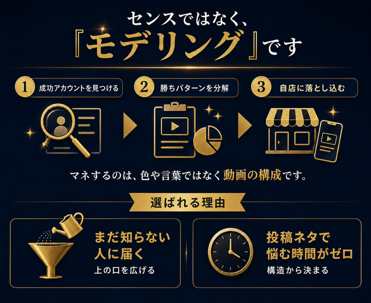 100万円で学んだノウハウを地域店舗向けに渡します 再生数が伸びないのはセンスではなく、モデリングの問題です イメージ3