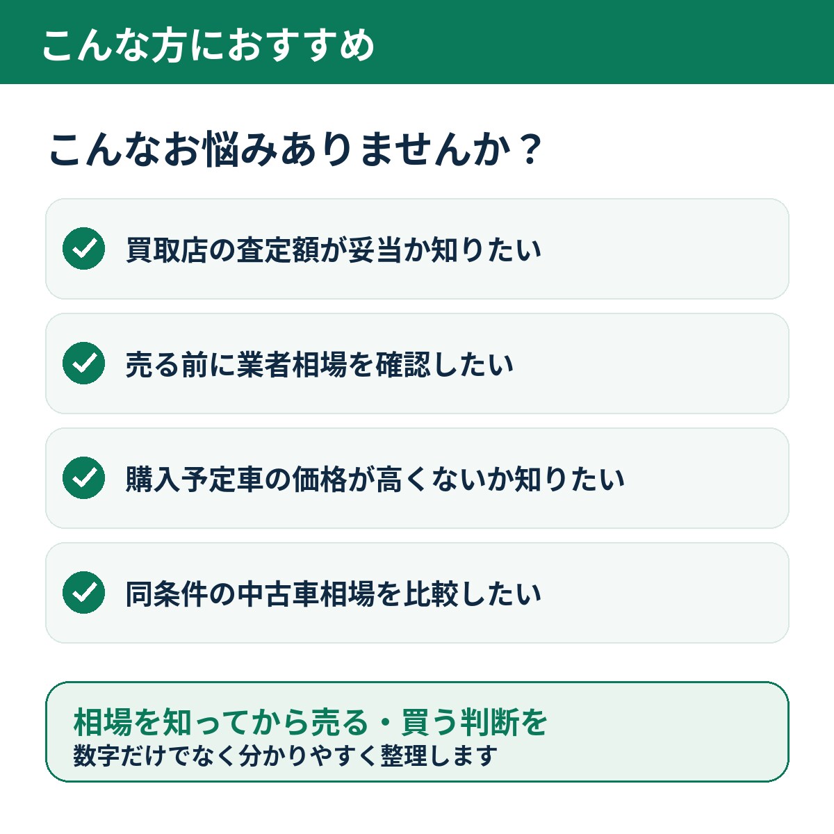 中古車の仕入れ・買取相場をプロ目線で査定します 売却前・購入前にプロが相場レンジを分かりやすく確認 イメージ3
