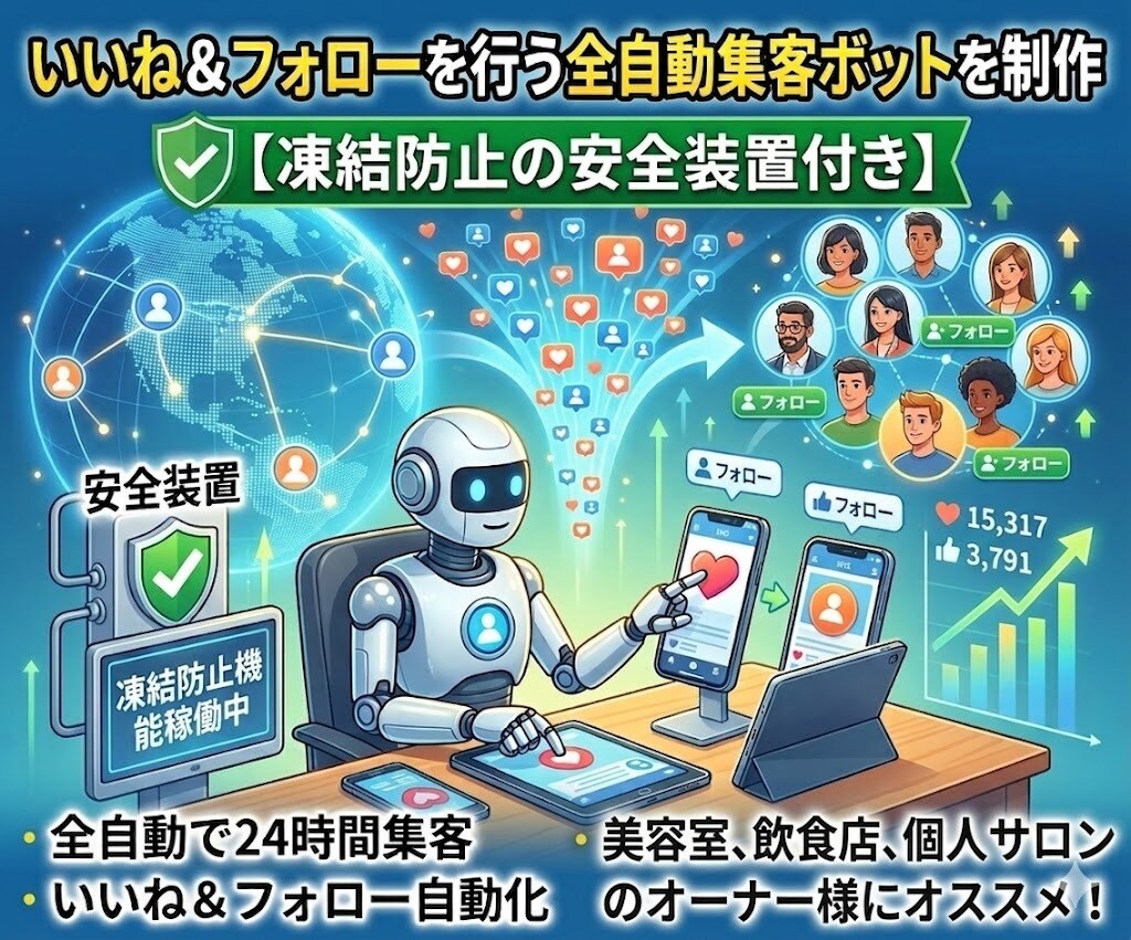 いいね＆フォローを行う全自動集客ボットを作成します いいね＆フォローを行う全自動集客ボットを制作 イメージ1
