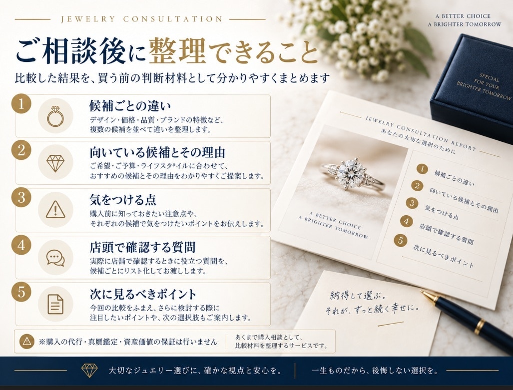 高額ジュエリーの購入相談・候補比較をします 複数候補を比較し、納得して選ぶ判断材料を整理します イメージ2