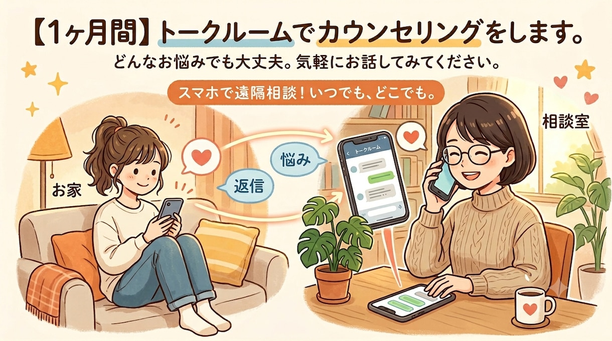 1ヶ月間、トークルームでカウンセリングをします どんなお悩みでも大丈夫。気軽にお話してみてください イメージ1