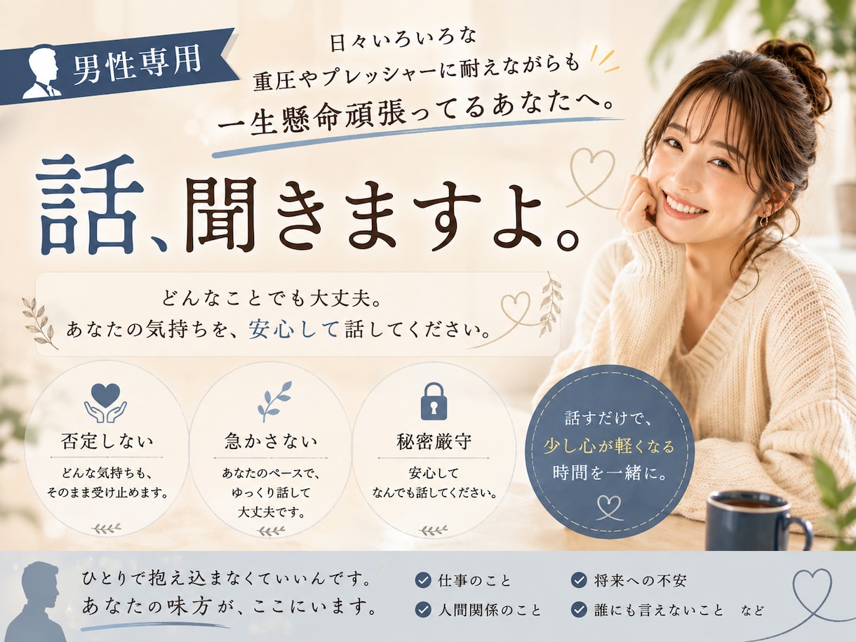 男性専用！傾聴します 経験したからこそ　分かる　共感できる。 イメージ1