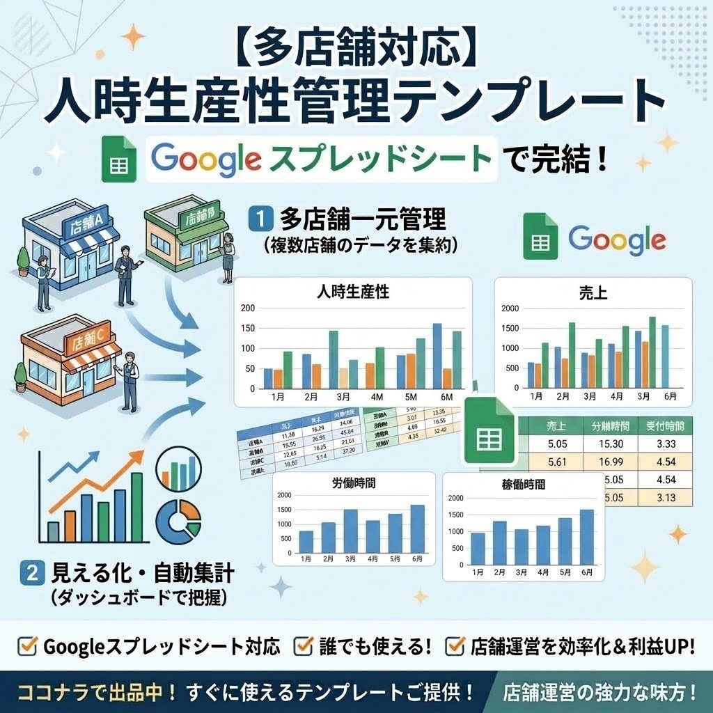 多店舗経営の人時生産性管理テンプレートご提供します 売上・利益・人時生産性をスプレットシートで原因と対策AI対応 イメージ1