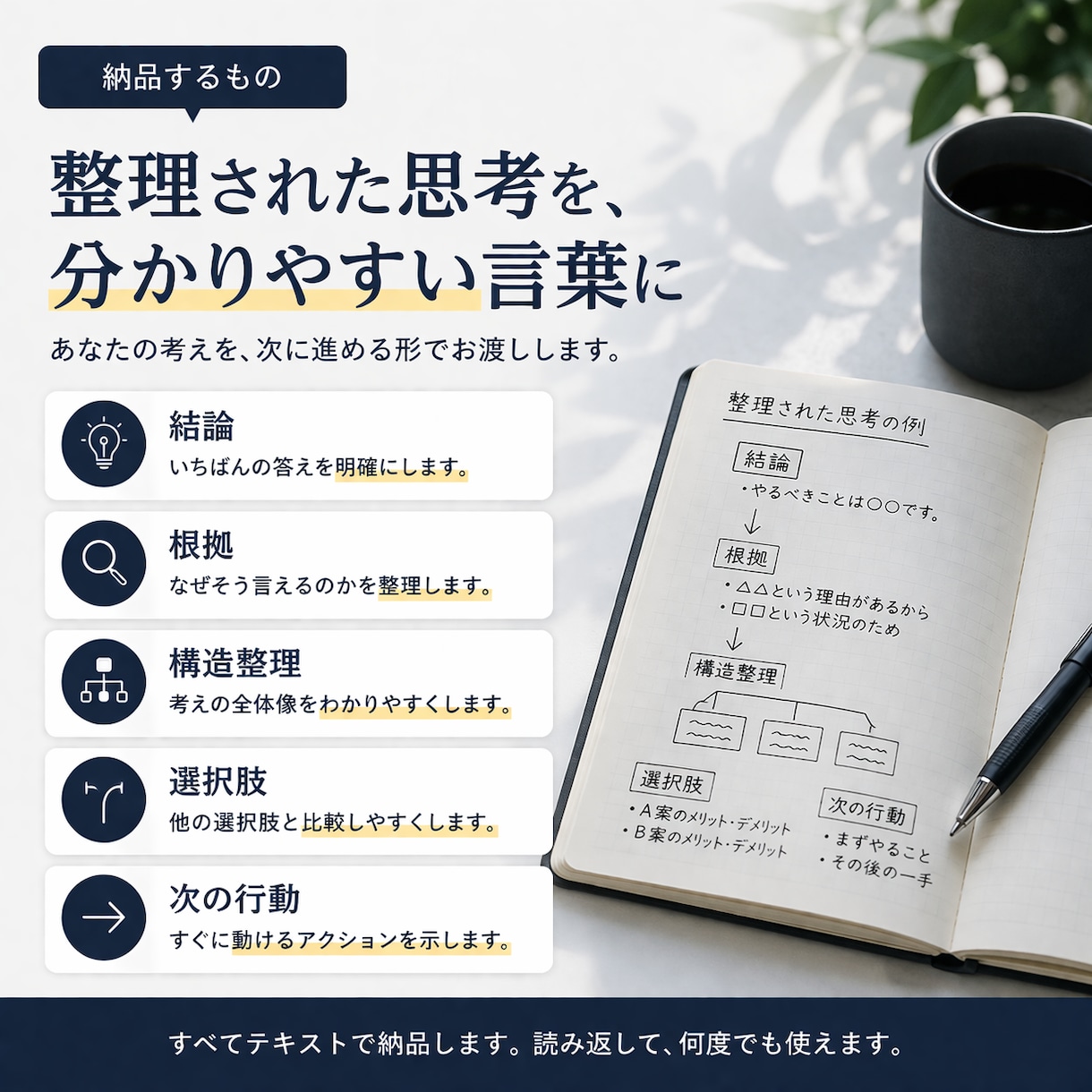 思考を整理して、結論と次の行動まで言語化します まとまらない考えを、前に進む形へ イメージ3