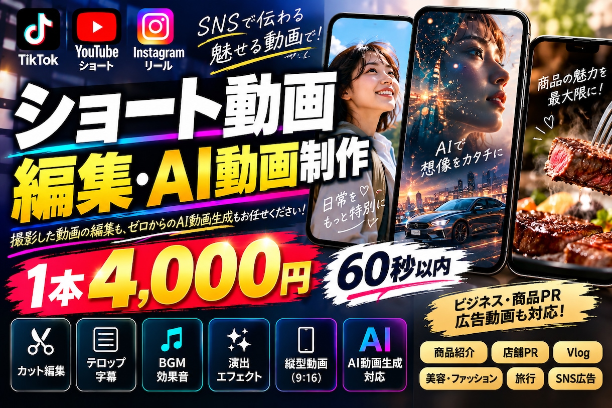 ショート動画を1本3,000円で編集しますます TikTok・YouTube・リール対応！字幕・BGM込み イメージ1