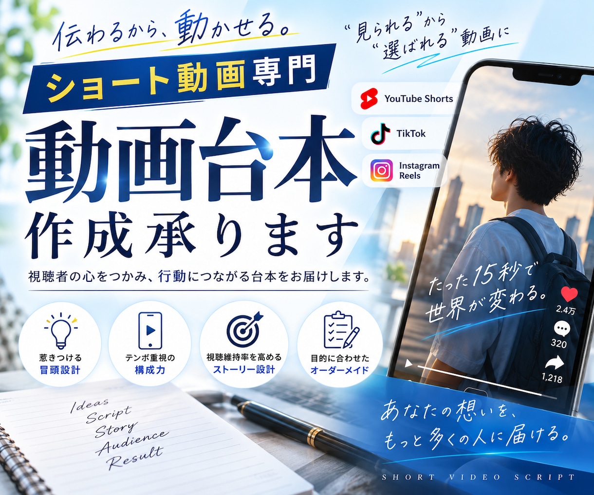 ショート動画の台本作成いたします 継続視聴を狙っていく為の質の高い動画台本をお届けします。 イメージ1