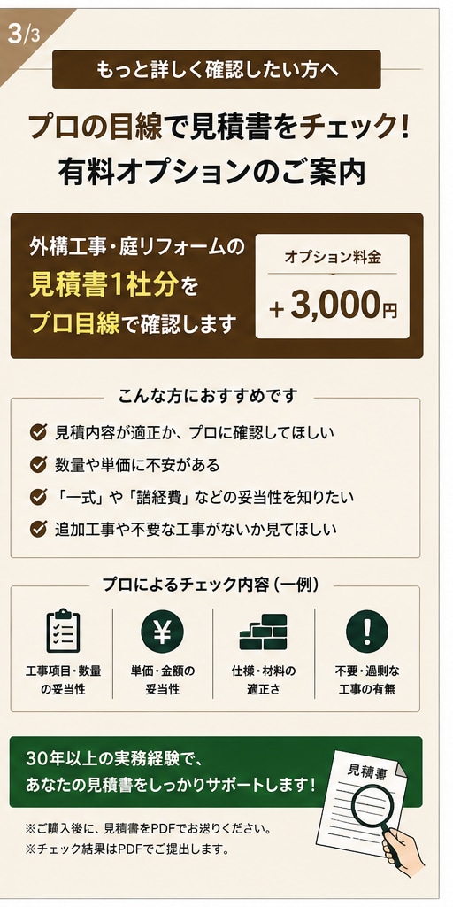 外構見積を自分で確認できるチェック表を届けます 契約前に自分で見積内容を確認できます イメージ3