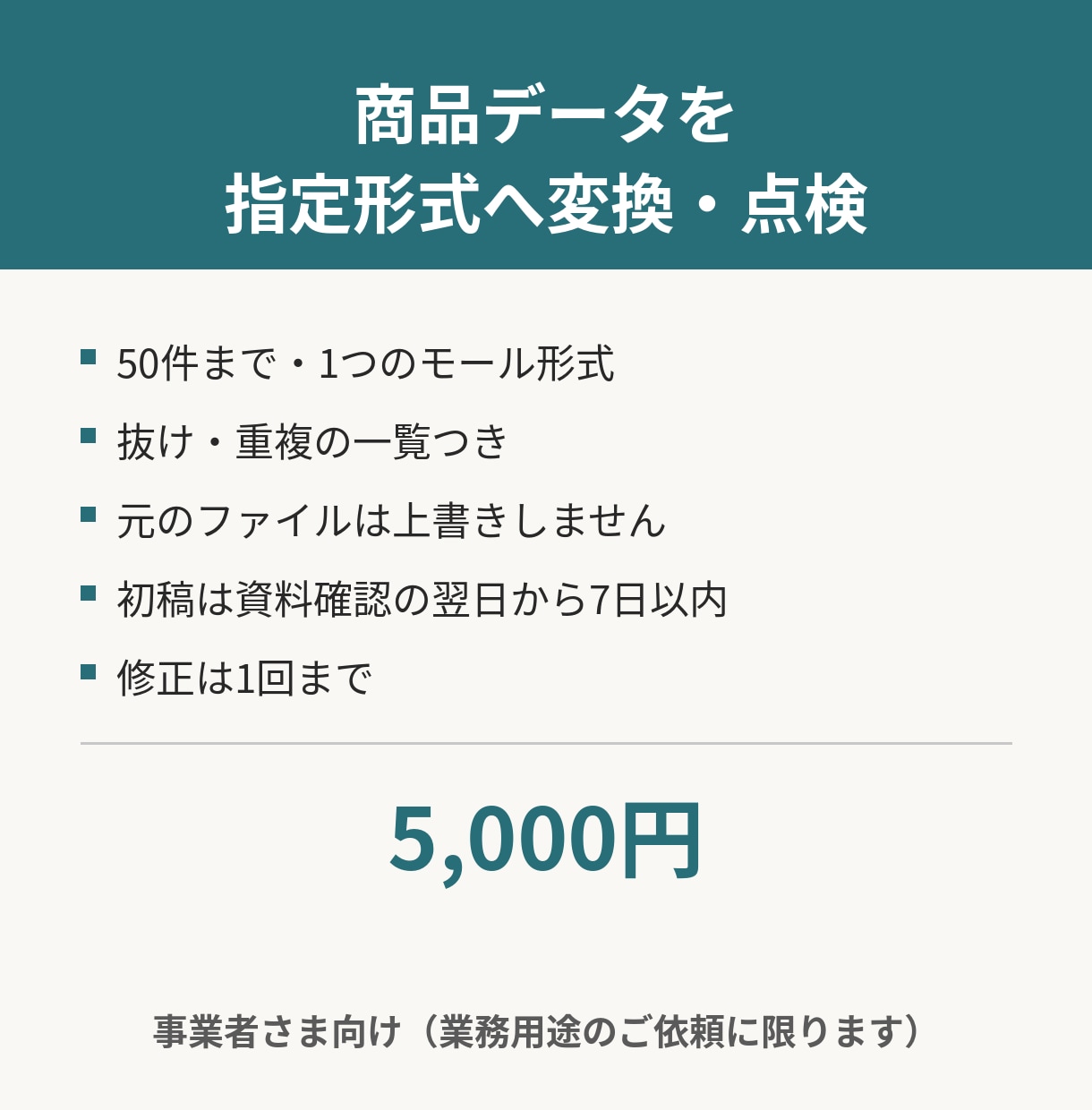 商品データを指定形式へ変換し点検します 業務用途限定。抜けや重複を一覧にして納品します イメージ1