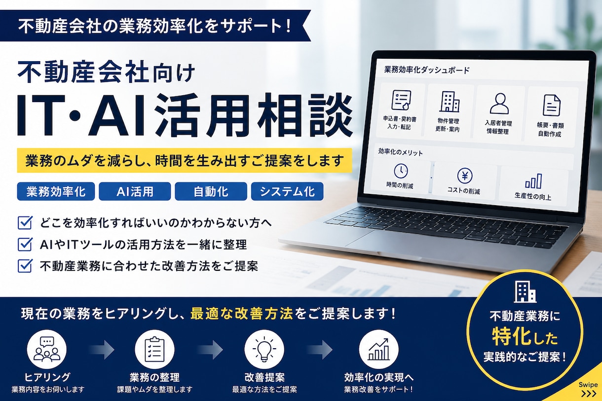 不動産会社向けにAIや自動化活用法を一緒に考えます 不動産業務でのAI・自動化・ITツールの活用方法をご提案 イメージ1