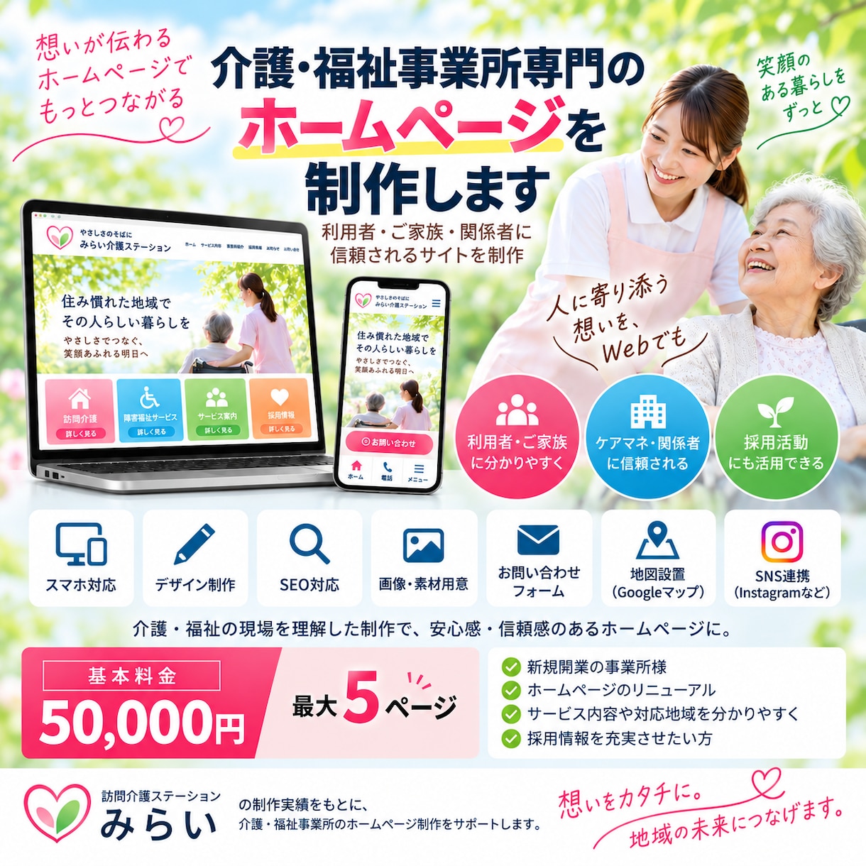介護・福祉事業所専門のホームページを制作します 利用者・ご家族・関係者に信頼されるサイトを制作 イメージ1