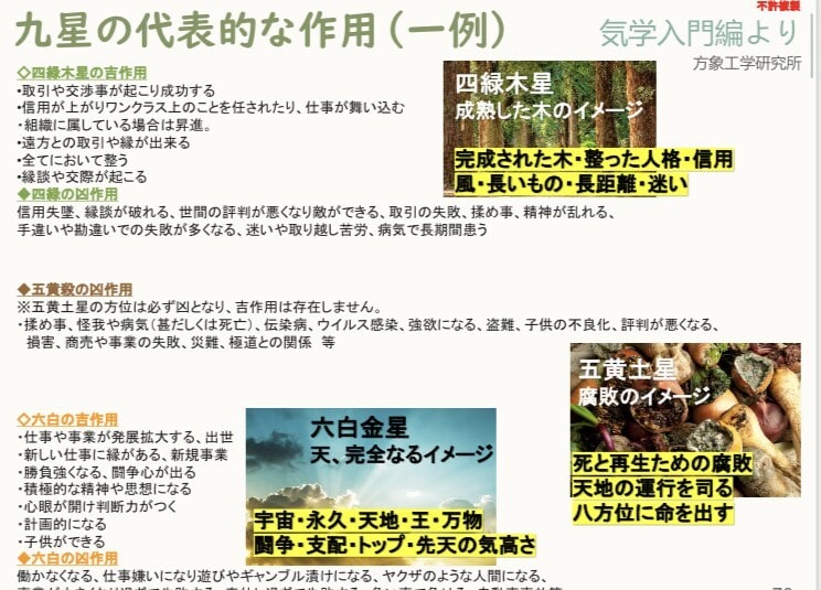 気学テキスト中級編。九星の作用と特徴を解説します 方位を取った後に何が起こるか予測できるようになります。 イメージ3