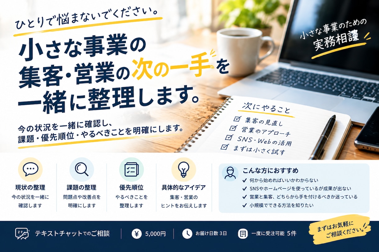小さな事業を整理します 集客・営業の悩みを整理し、次にやることを明確にします イメージ1