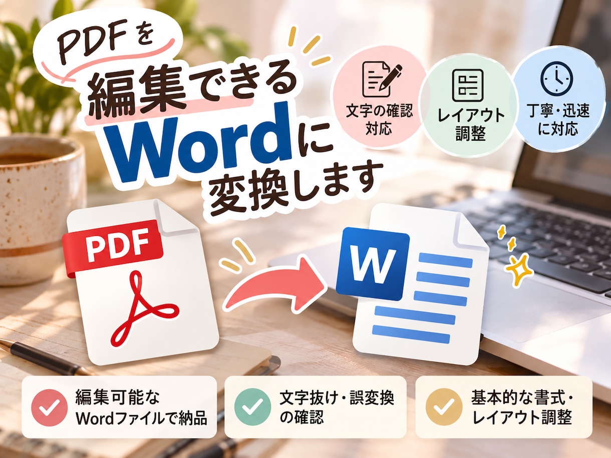 PDFを編集できるWordファイルに変換します PDFの文章を一から打ち直す手間を省きます イメージ1