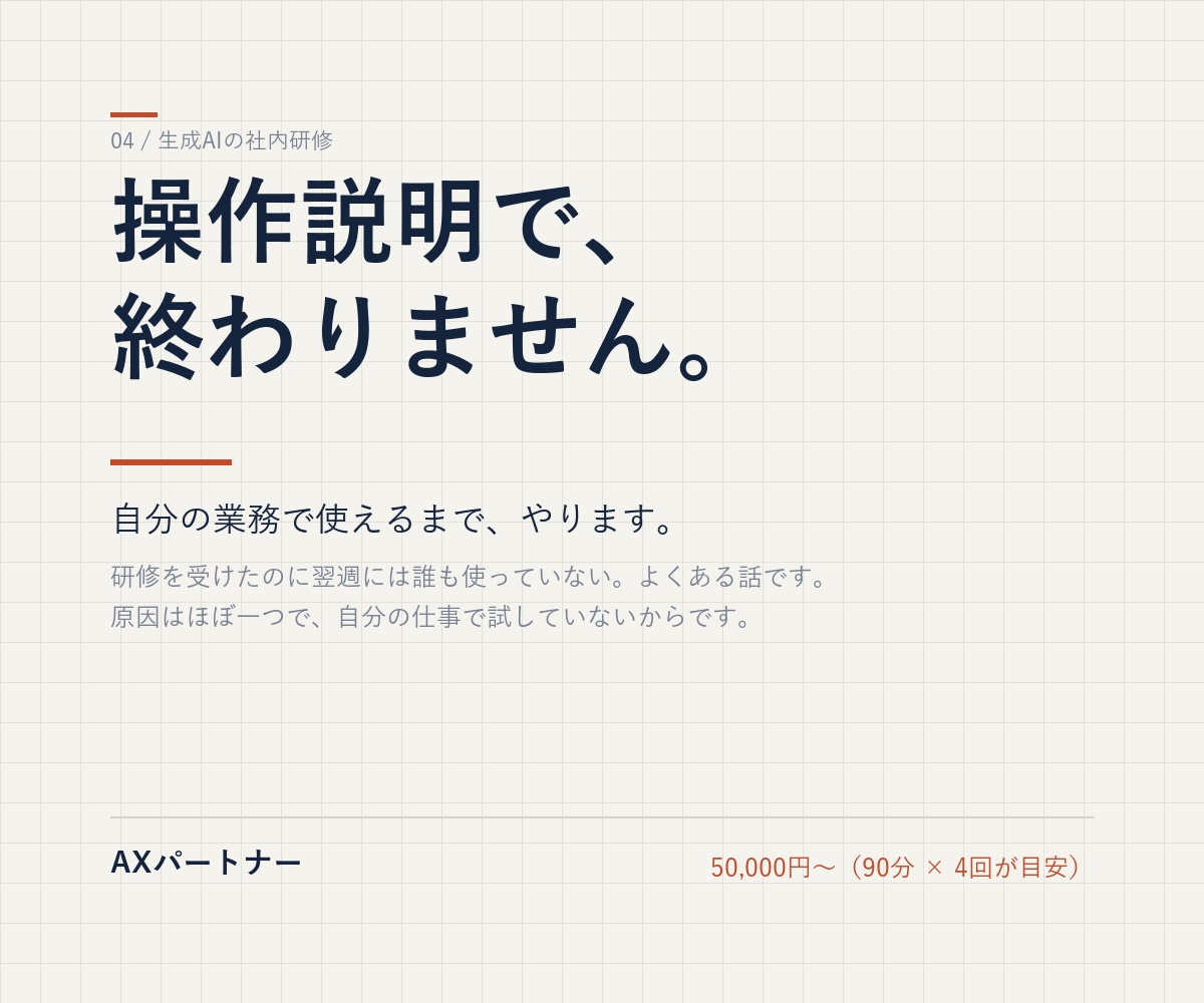 社員が自分で使えるまで、生成AIの社内研修をします 操作説明で終わりません。自分の業務で使えるまで。 イメージ1