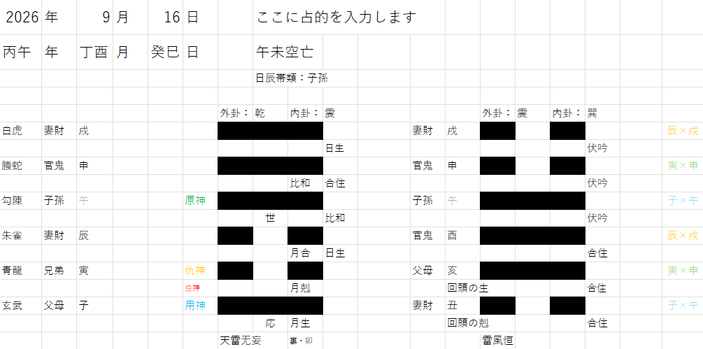 断易/五行易の立卦をExcelで自動化します サイコロでの立卦に最適！プルダウンを選択するだけで簡単立卦☆ イメージ3