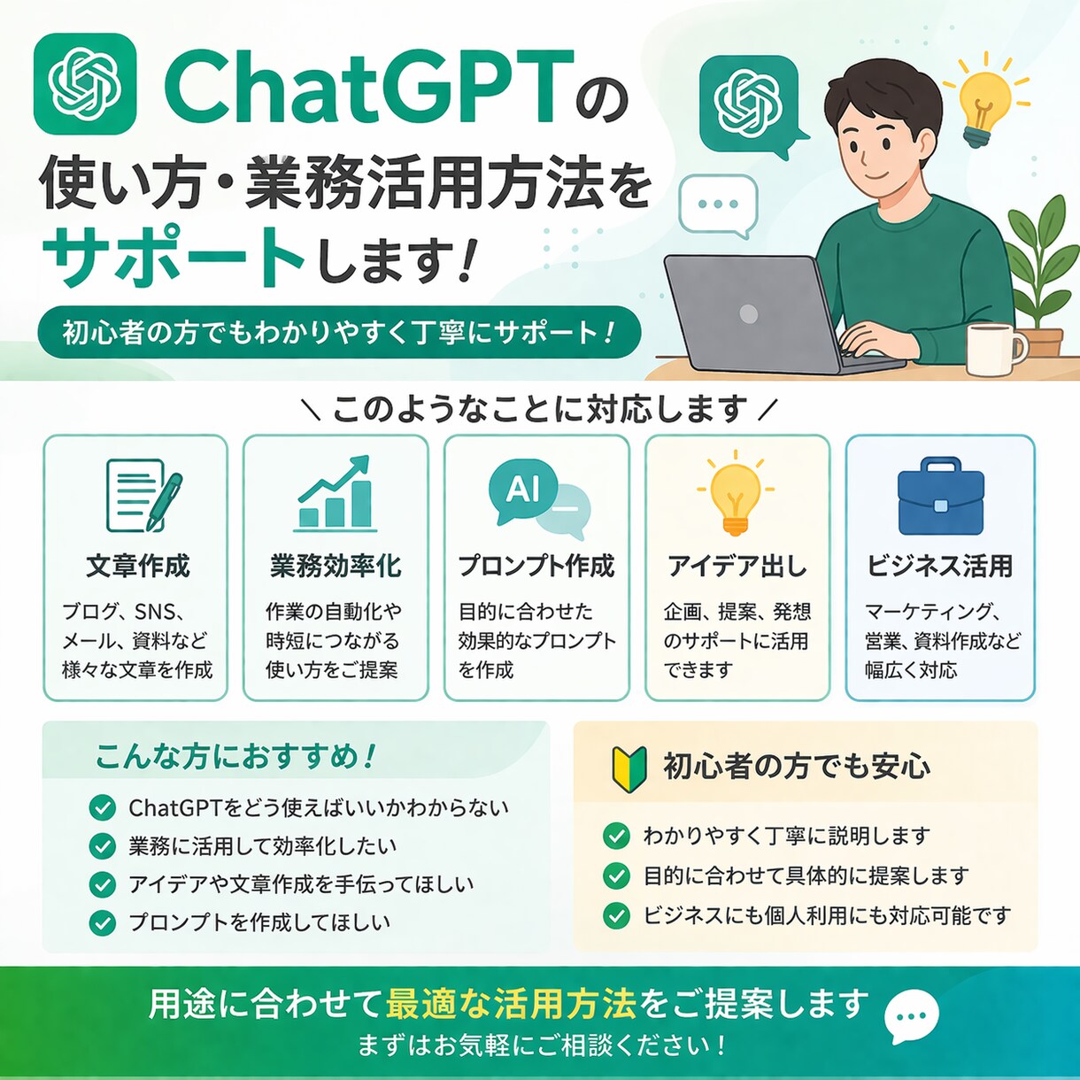 ChatGPTの使い方・業務活用法をサポートします 業務効率化・文章作成・ビジネス活用まで対応 イメージ1