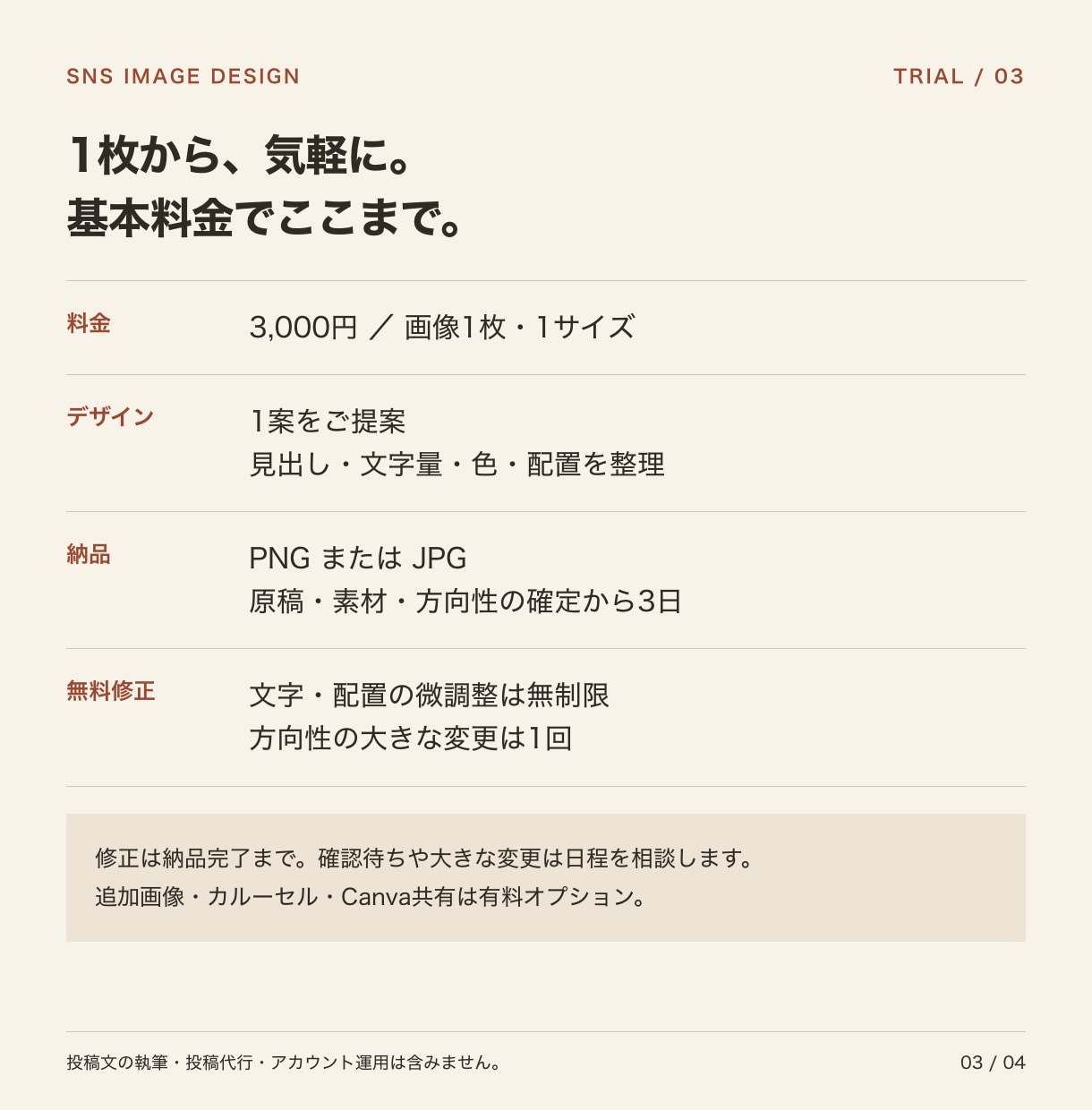 SNS投稿画像を1枚から制作します まずは1枚。伝えたいことを、見やすく整えます イメージ3