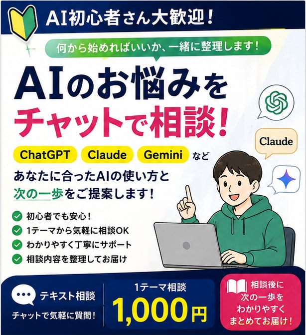 AI初心者のお悩みをチャットで相談できます あなたに合ったAIの使い方と次の一歩を一緒に整理します イメージ1