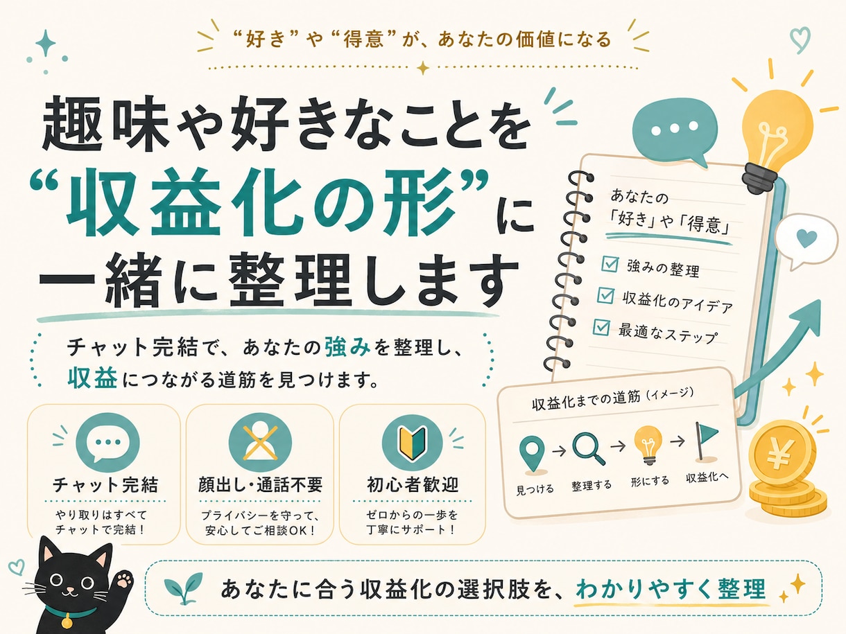 趣味や経験から、副業・収益化の道筋を一緒に考えます あなたの強みと経験を整理し、最初の一歩までご提案します。 イメージ1