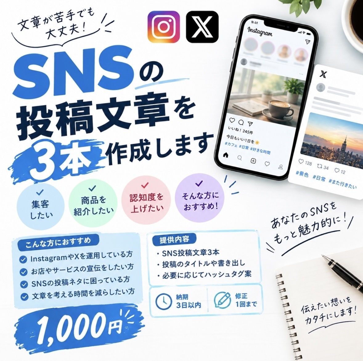 SNSの投稿文章を３本作成します そのまま投稿できる文章を作成します イメージ1