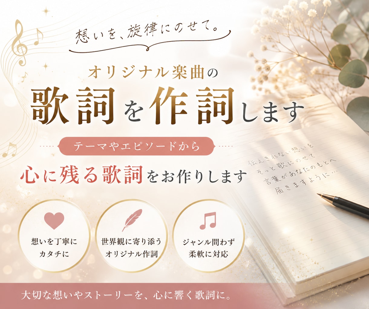 オリジナル楽曲の歌詞を作詞します テーマやエピソードから心に残る歌詞をお作りします イメージ1