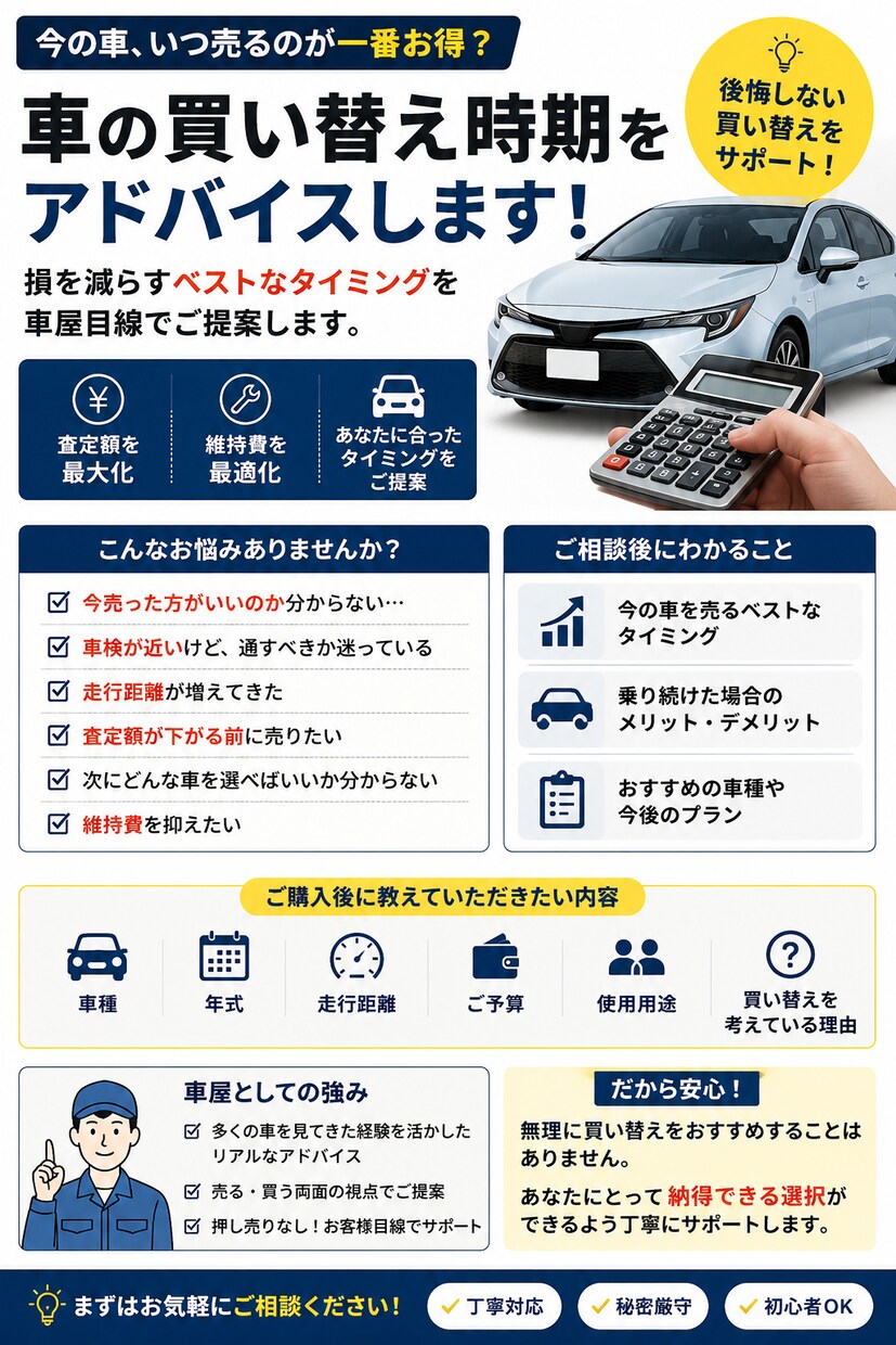車の買い替えタイミングをアドバイスしまます 損を減らす買い替え時期を車屋目線でご提案 イメージ1