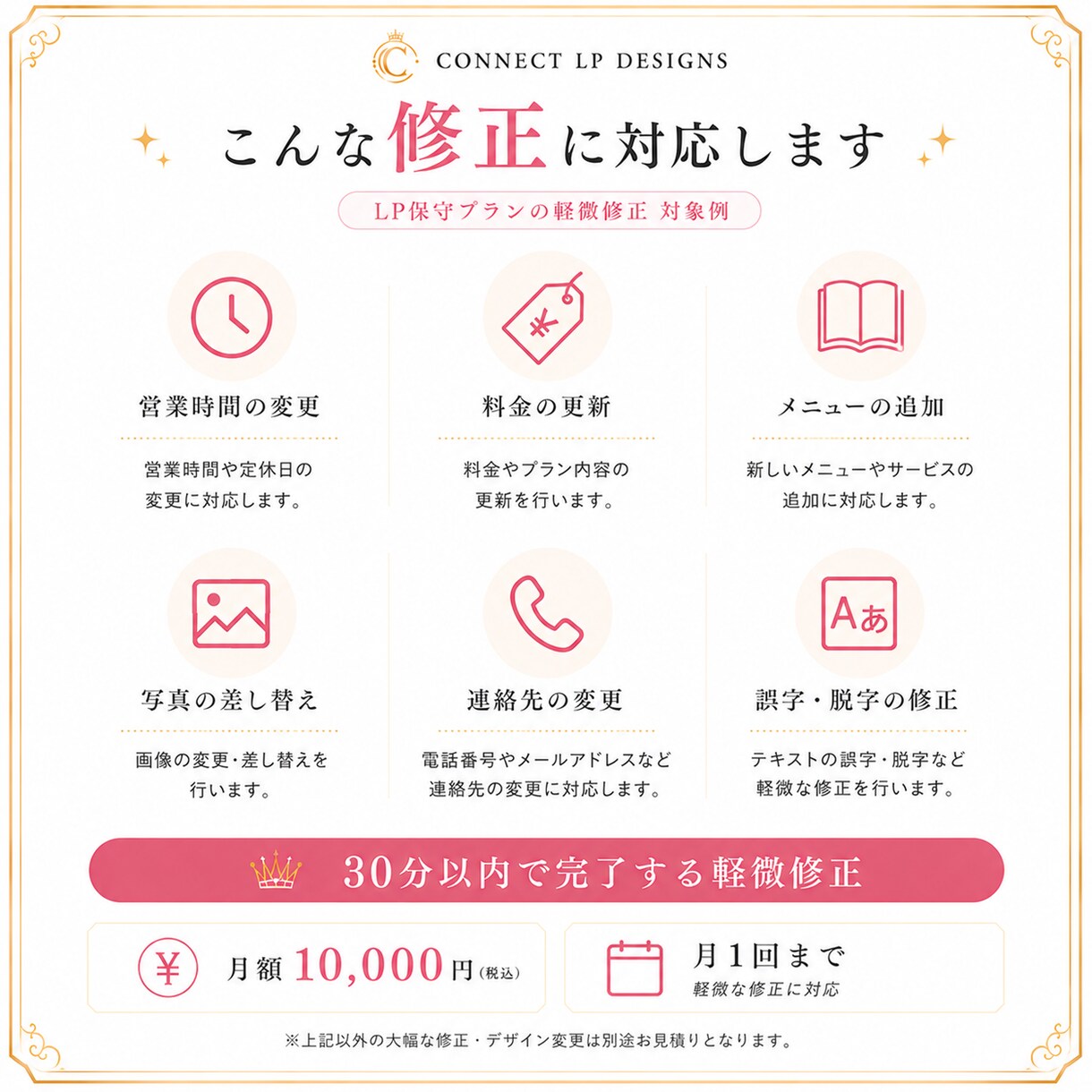 LP保守 月1回の軽微修正を対応します LP軽微修正(文章/料金/画像) 月10,000円 イメージ5