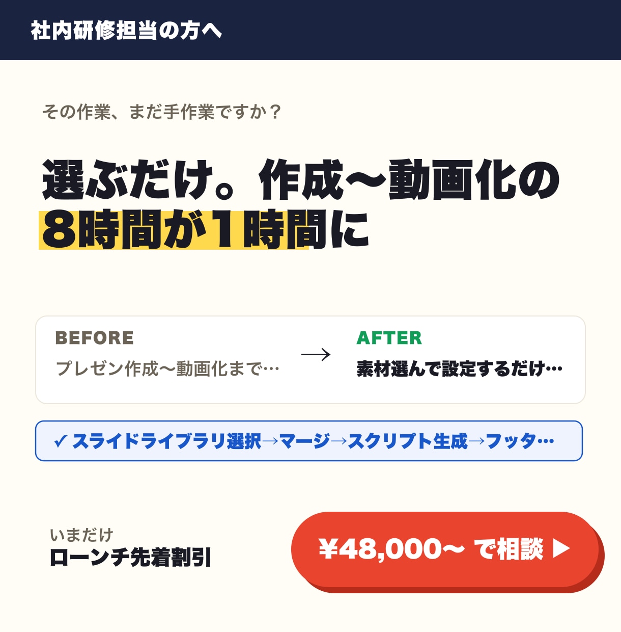 プレゼン制作を丸ごと自動化します 選ぶだけ。作成〜動画化の8時間が1時間に イメージ1
