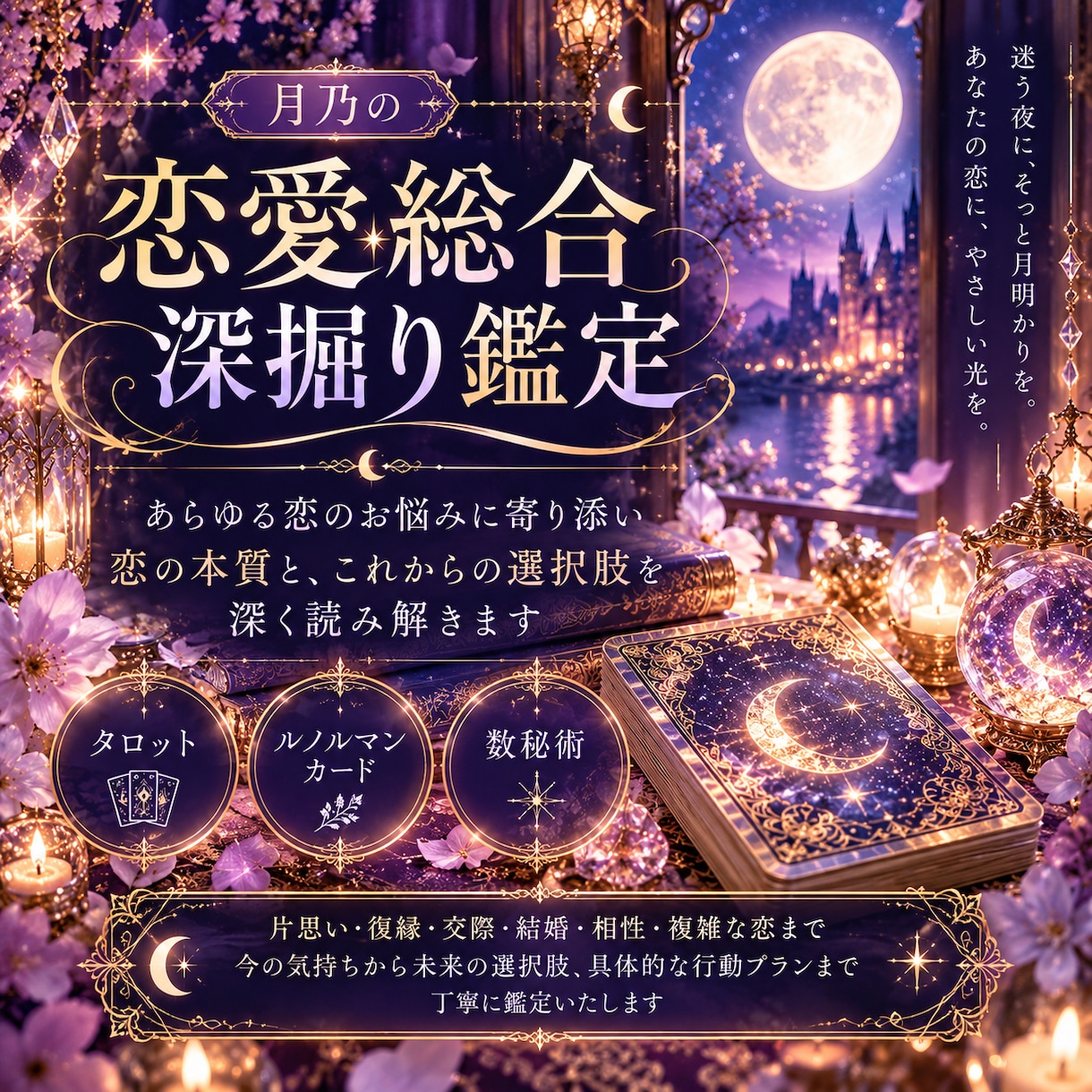 恋愛総合のお悩みを深く丁寧に鑑定します 片思い・復縁・結婚・相性まで恋の未来を紐解く イメージ1
