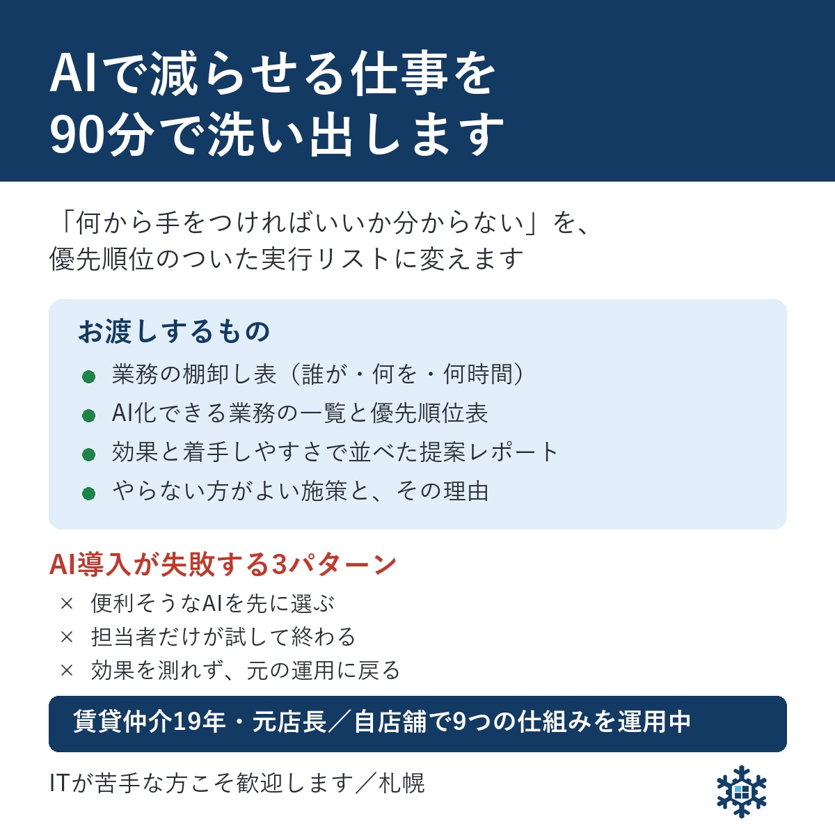 AIで減らせる仕事を洗い出し優先順位をつけます 『何から始めるか分からない』を90分で整理します イメージ1