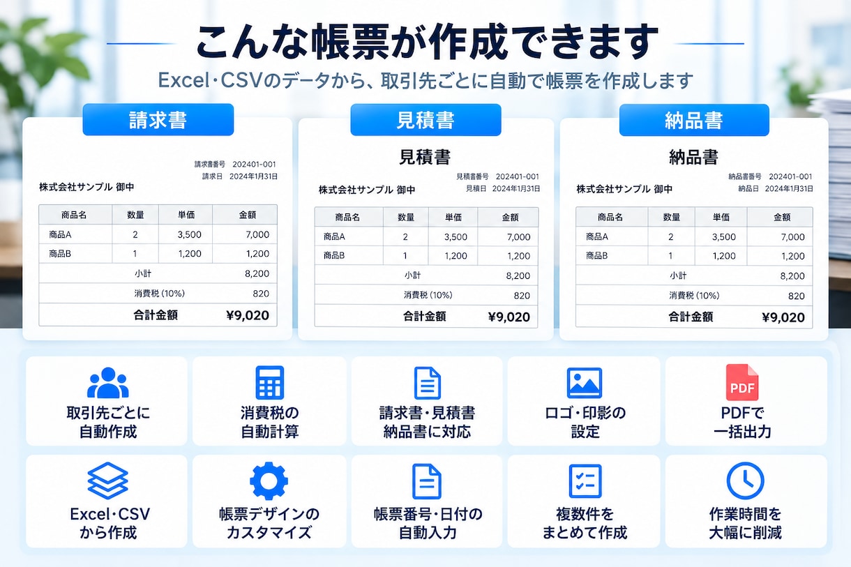 Excel・CSVから請求書を一括作成します 取引先ごとの請求書を自動作成｜PDF出力までまとめて完了 イメージ2