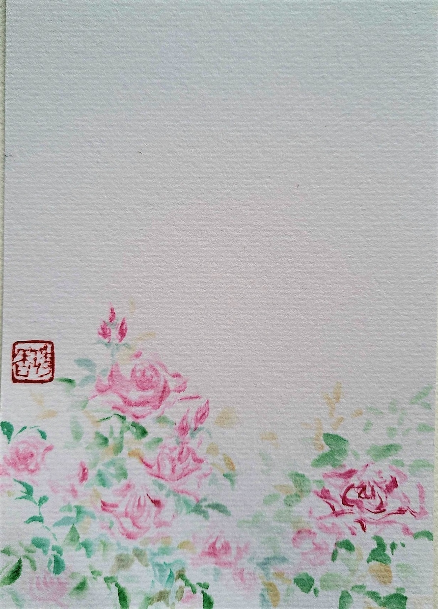 インテリアにも実用ハガキとしても使えます 一枚ずつ手描きの本画仙紙に描いたバラの水墨画 イメージ1
