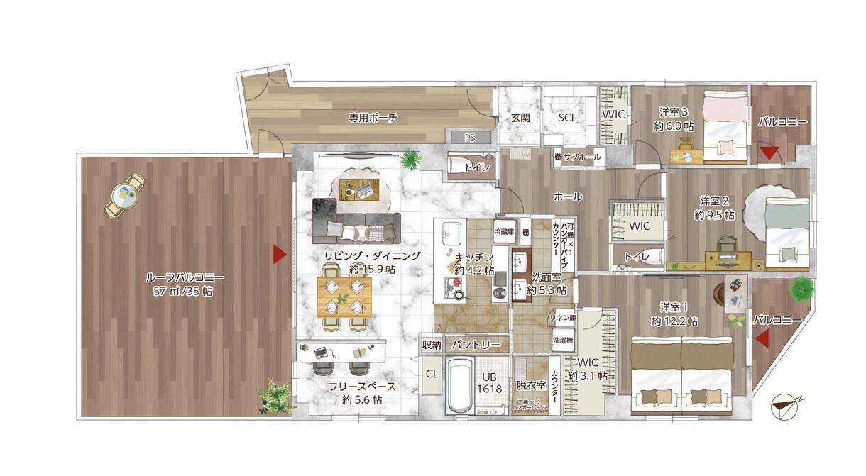家具付⭐︎マンションの手描き風間取り図、作成します 家具や寝具、床材など再現します イメージ9