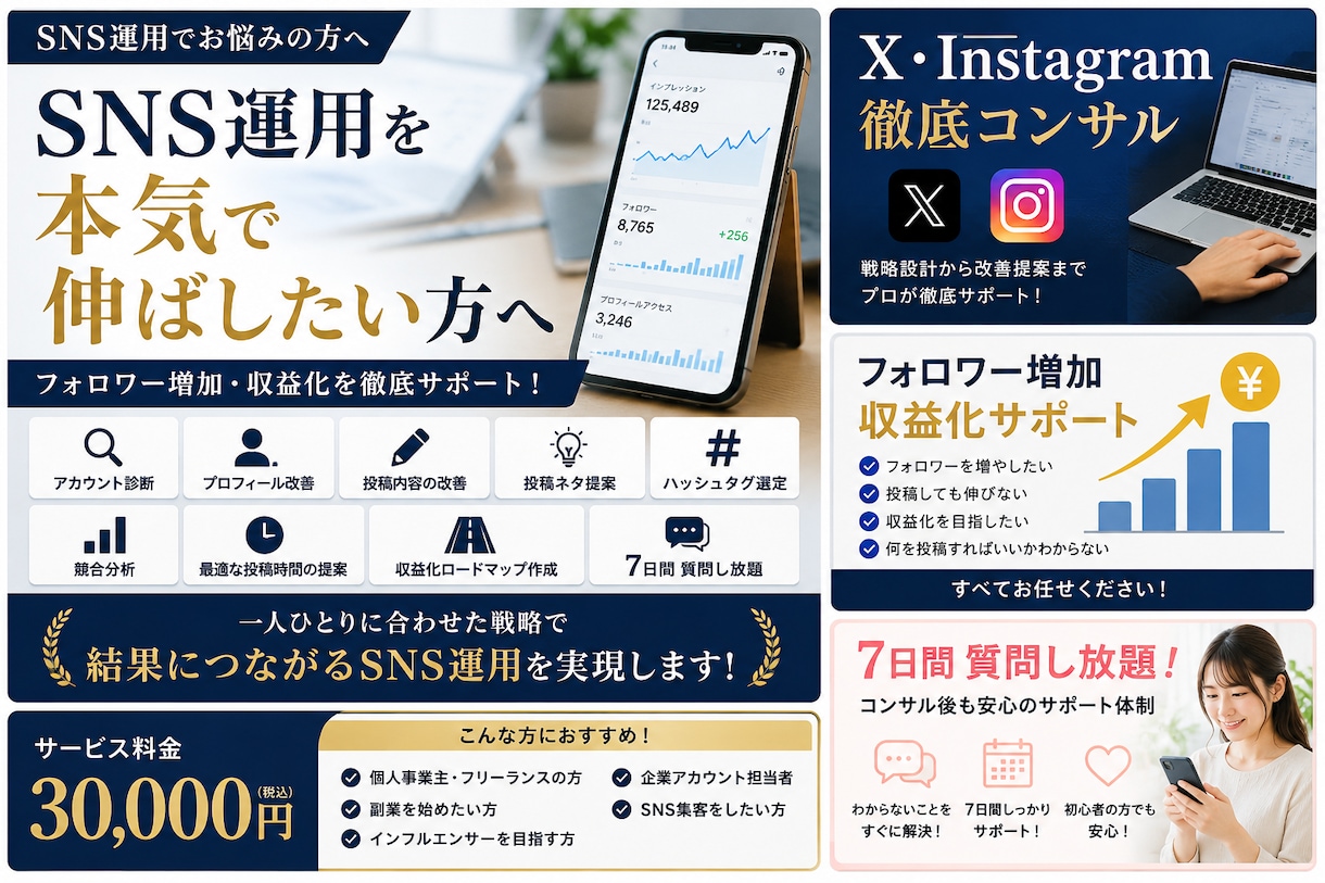 X・Instagramの伸ばし方をサポートします フォロワー増加・インプレッション向上・収益化を目指す方へ イメージ1