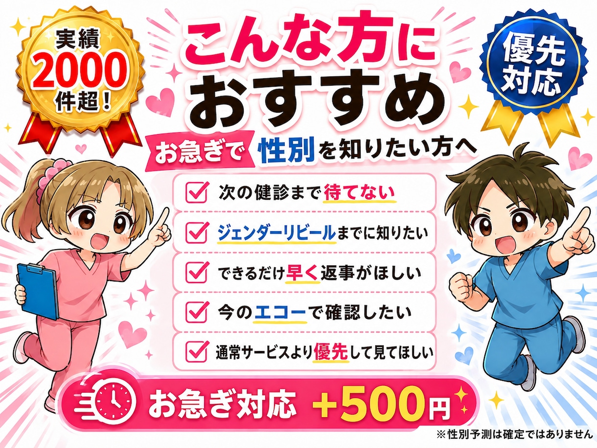 お急ぎの方！納期指定で性別予測、エコー解説をします 性別予測、エコー解説について納品日ご指定のある方はこちら！ イメージ2