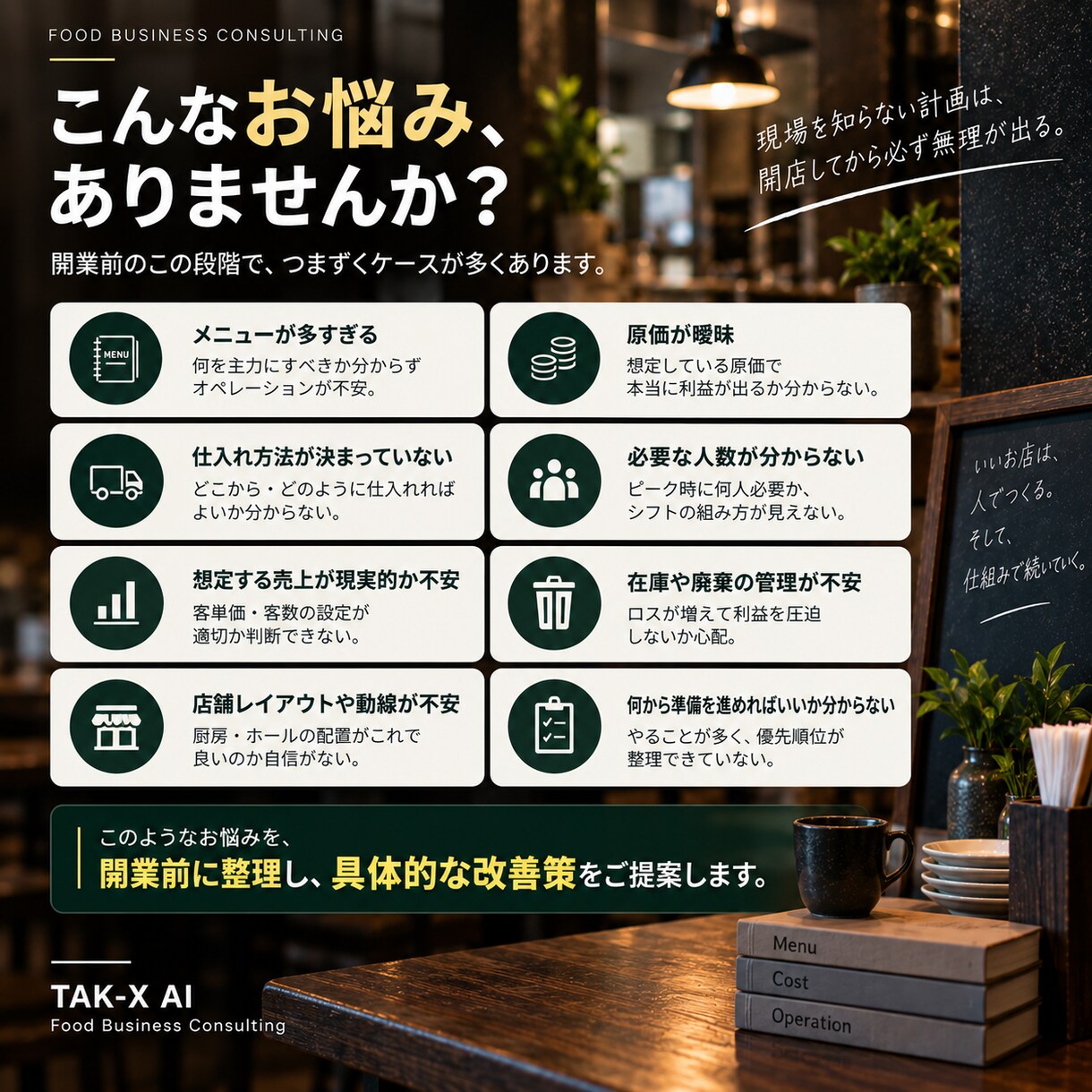 飲食店の開業計画を現場目線で診断しますます メニュー・原価・仕入れ・人員・オペまで開業前に確認 イメージ2