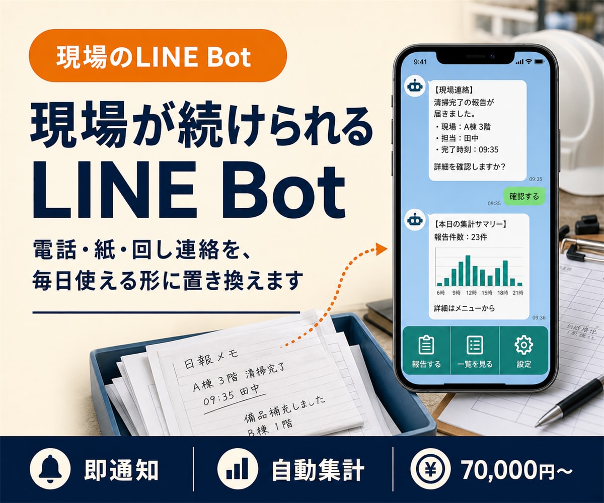 現場で回るLINEBot設計から導入します 電話・紙・回し連絡を、毎日使えるBotで自動化 イメージ1