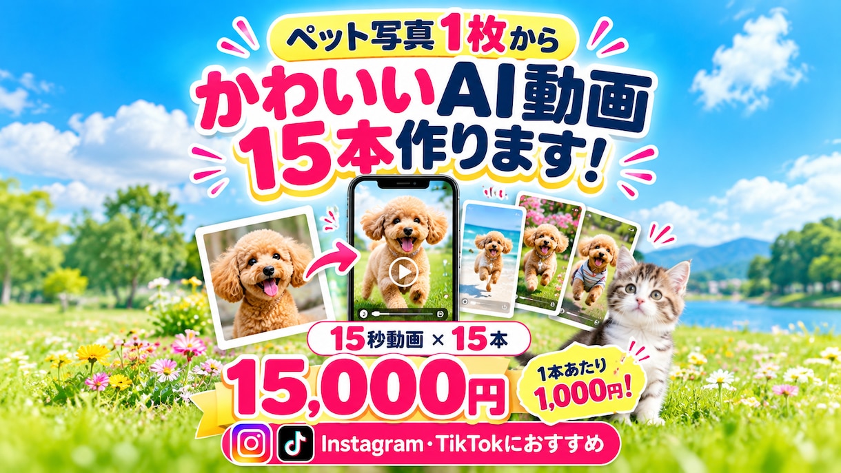 ペット写真1枚からAIリール動画15本作ります 写真1枚でOK！愛犬・愛猫がSNS動画の主役に イメージ1