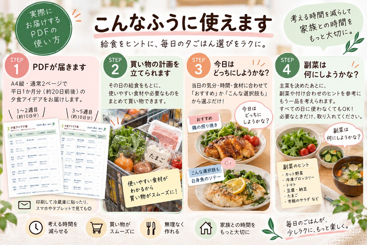 給食とかぶりにくい1か月の夕食アイデアを作ります 毎日の「今日なに作ろう？」を、給食まで見てラクにします イメージ3