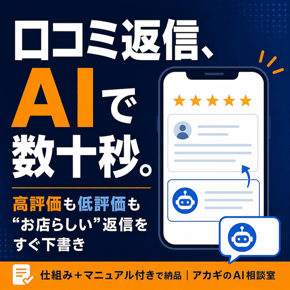 口コミ返信をAIで時短する仕組みを作ります 高評価も低評価も、お店らしい返信を数十秒で下書きできます イメージ1