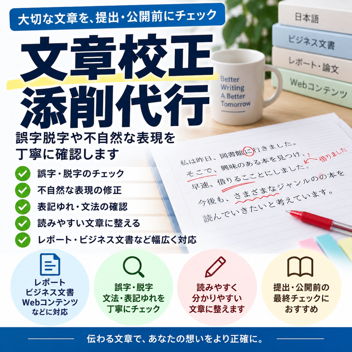 文章の校正・添削を丁寧に行いますます 誤字脱字や不自然な表現を丁寧に確認します イメージ1