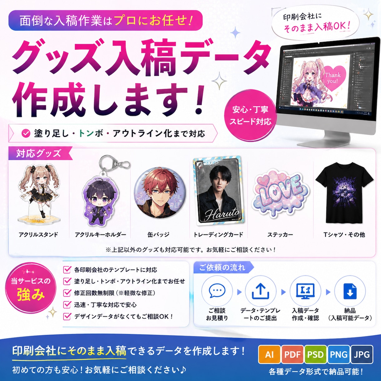 グッズ印刷用の入稿データを作成します 面倒な入稿データ作成をまるごと代行します！ イメージ1