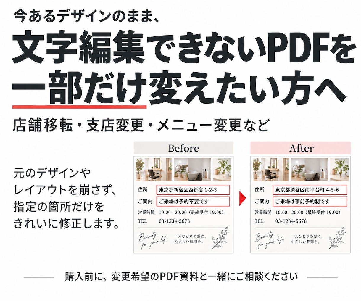 編集できないPDFの文字や画像を部分修正します 今あるデザインを生かして、必要な箇所だけ差し替え イメージ1