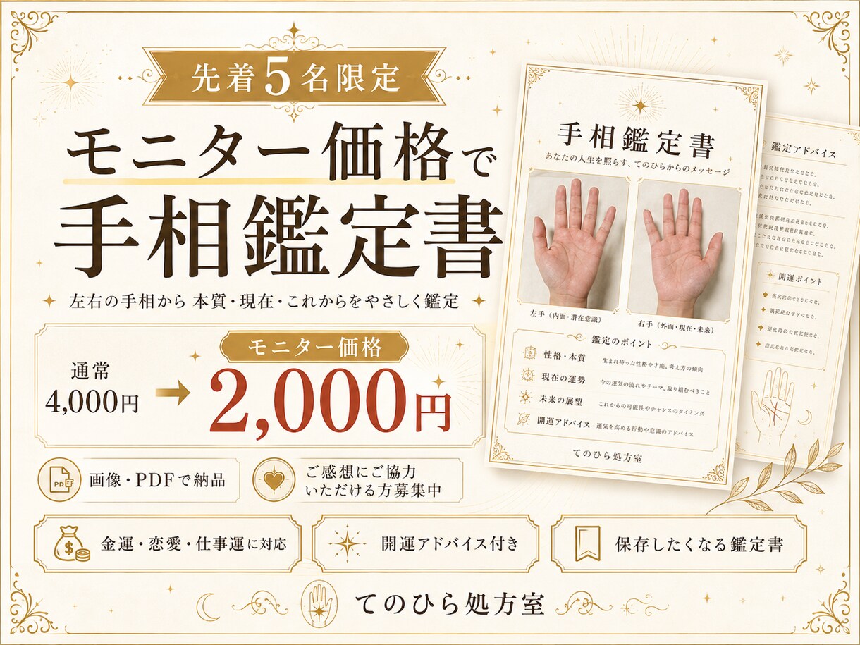 画像で届く手相鑑定書を作成します 左右の手相から本質と現在をやさしく読み解きます イメージ3