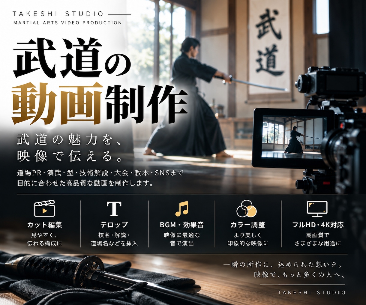 武道の魅力を伝えるPV・動画を編集します 武道経験を活かし、技・型・道場の魅力を映像で引き出します イメージ1