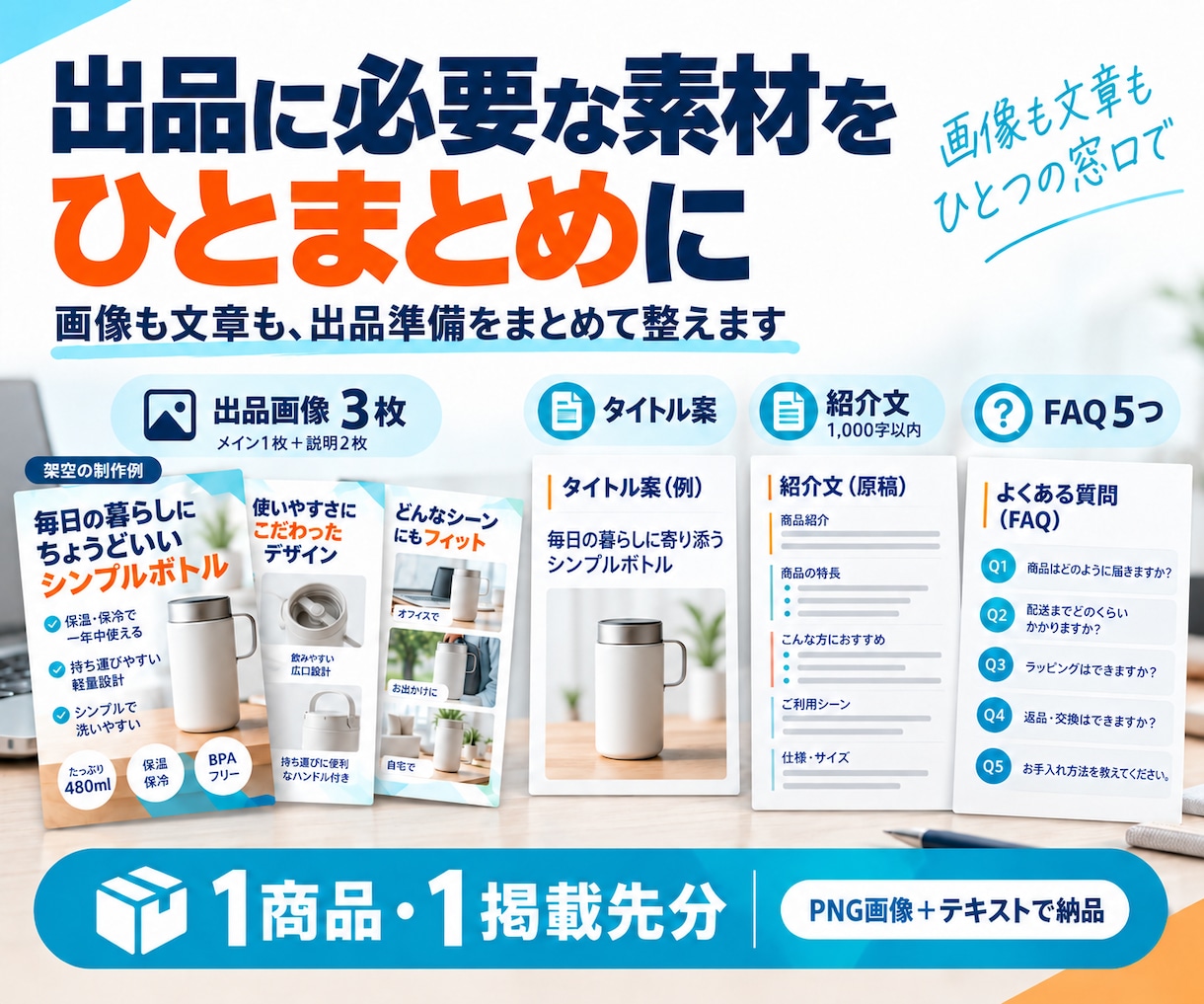 出品画像と紹介文・よくある質問をまとめて作ります 画像も文章も用意できない方へ。出品準備をまとめてお手伝い イメージ2