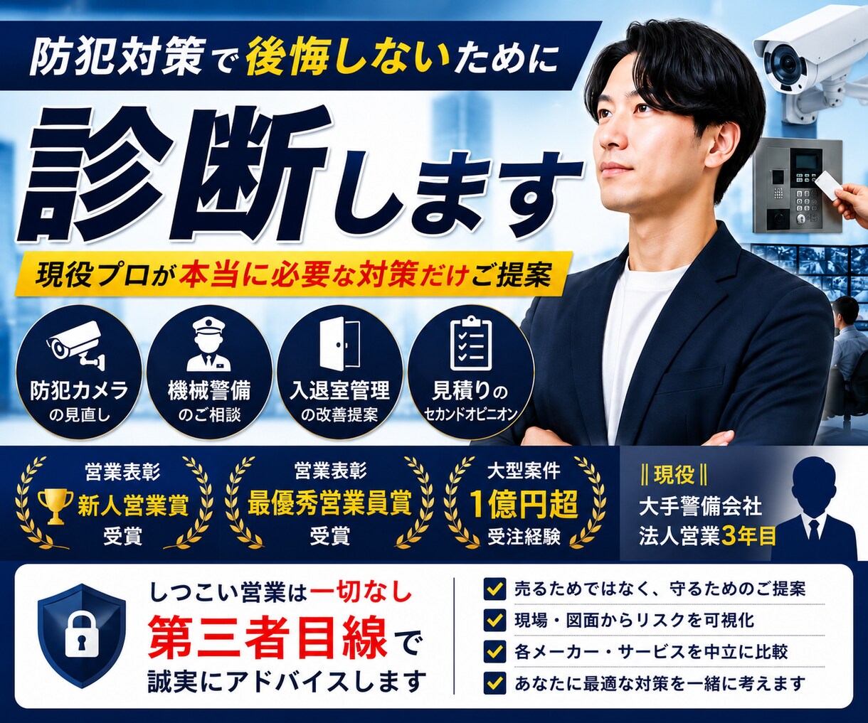 現役警備会社営業が防犯対策を中立な立場で診断します 売り込みなし。本当に必要な防犯対策だけをご提案します。 イメージ1