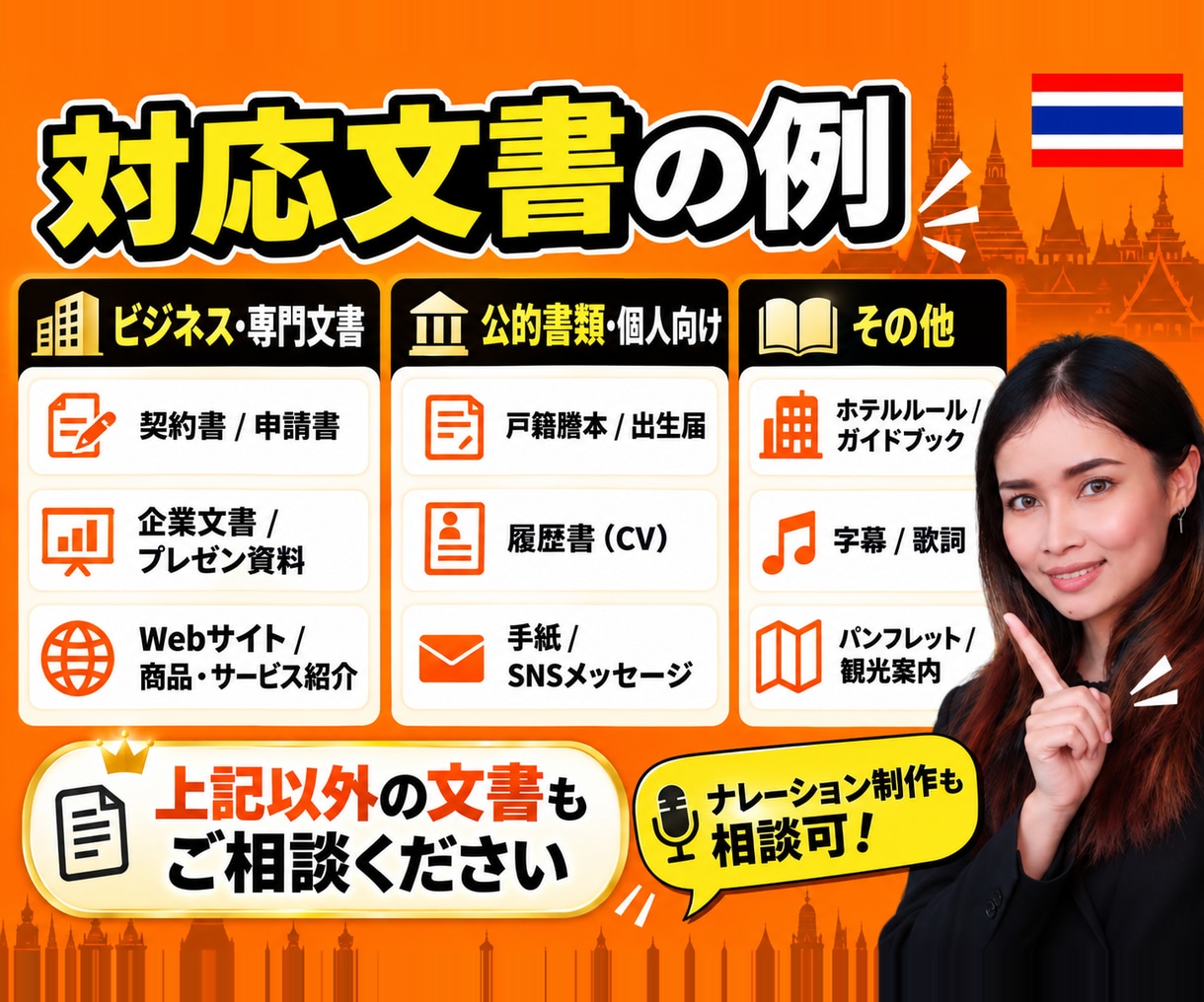 タイ語翻訳｜ネイティブが専門文書にも対応します 翻訳証明書無料発行　＋　安心安全のAI翻訳無し イメージ2